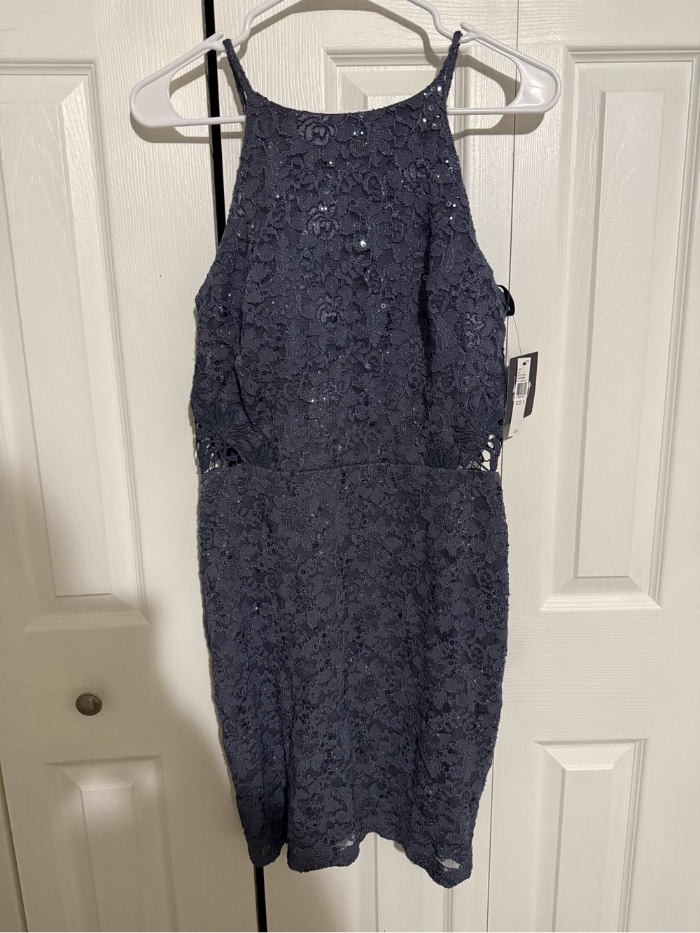 by & by Navy Lace Halter Evening Dress